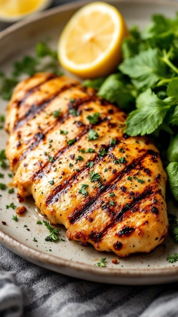 Grilled chicken breast garnished with herbs and a slice of lemon on a plate