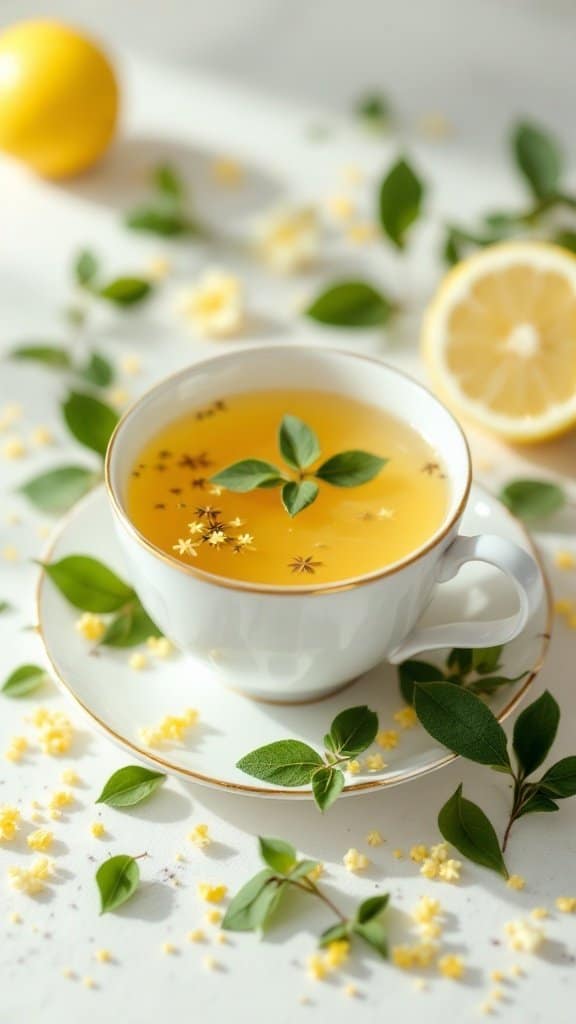 A cup of Lemon Verbena tea with lemon slices and green leaves around it.