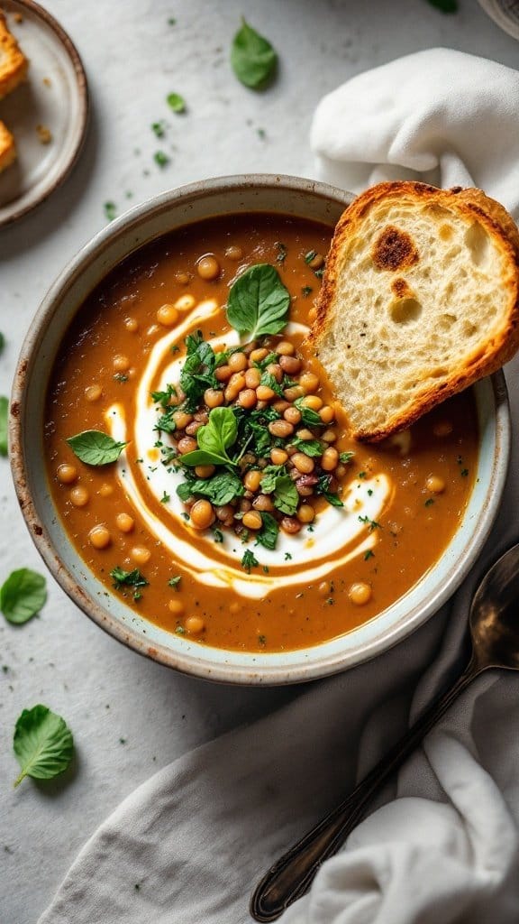 A bowl of lentil and spinach soup topped with herbs and served with a slice of bread.