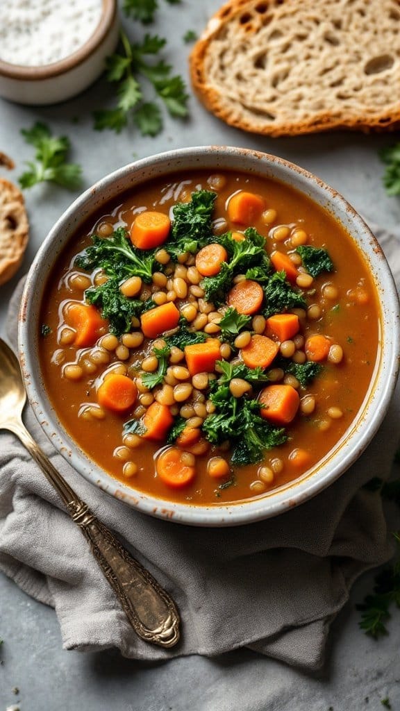 Bowl of lentil soup with kale and carrots, served with bread on the side.
