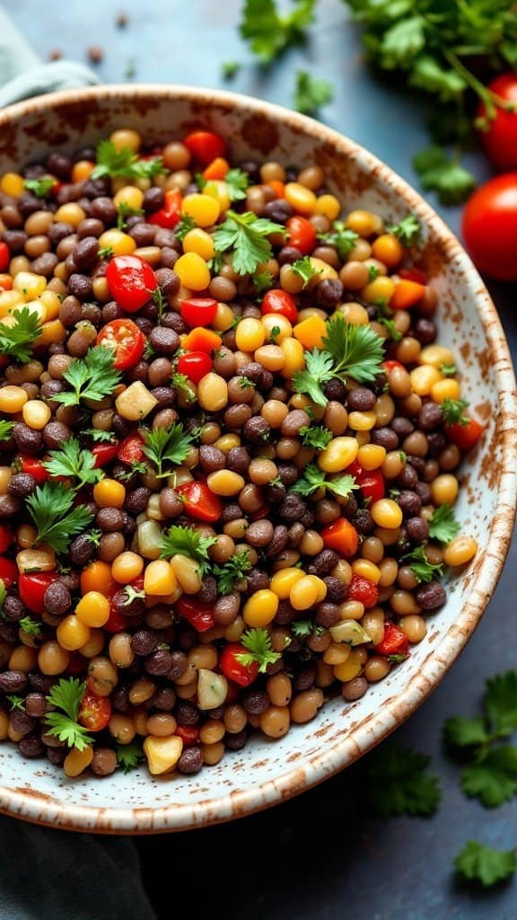 A colorful bowl of lentils mixed with vegetables, garnished with fresh cilantro.