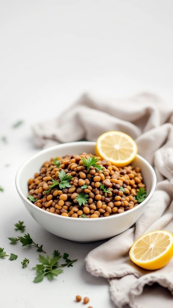 A bowl of lentils garnished with parsley and lemon slices.