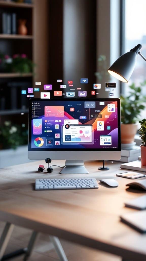 A modern workspace featuring a computer display with various apps and tools designed for productivity.