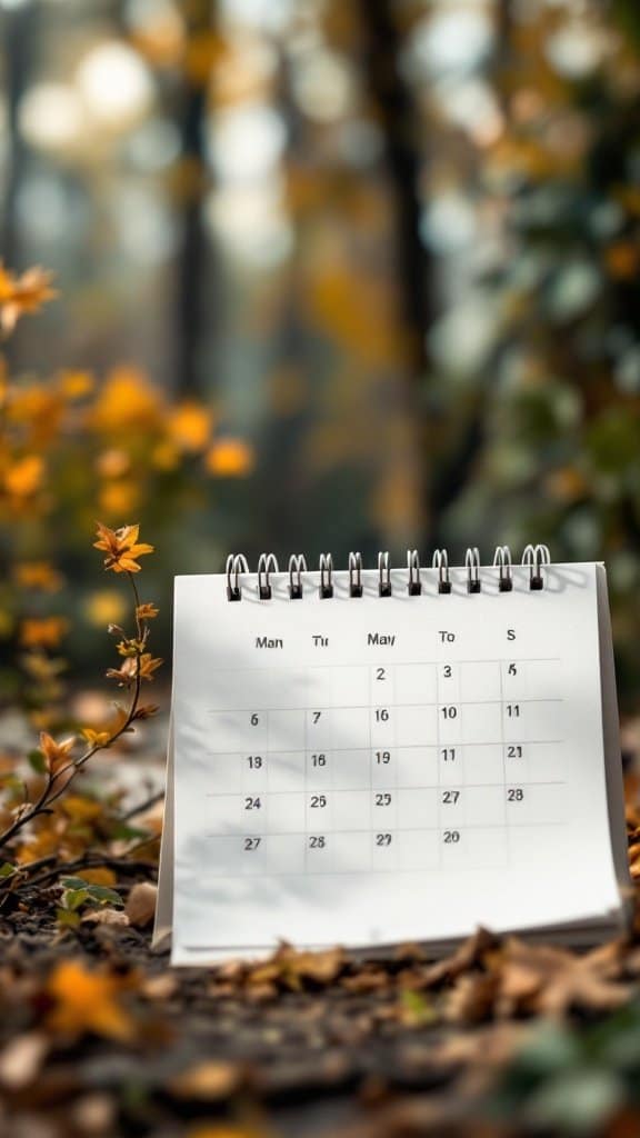 A calendar on the ground surrounded by autumn leaves, symbolizing the importance of limiting commitments for a clutter-free mindset.