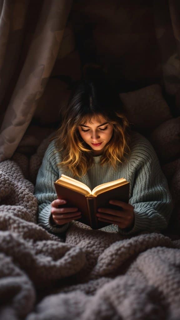A person reading a book in a cozy setting, surrounded by blankets.