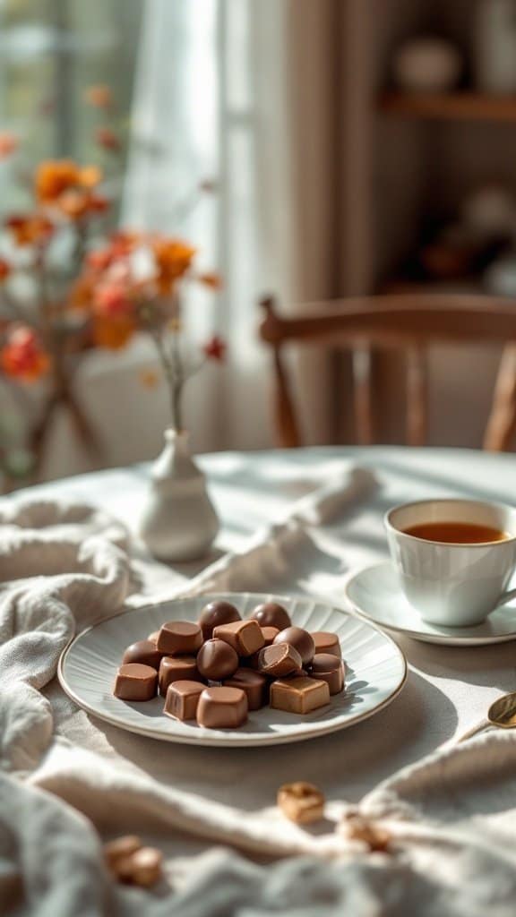 A plate of chocolates on a table with a cup of tea nearby, set in a cozy, sunlit room.