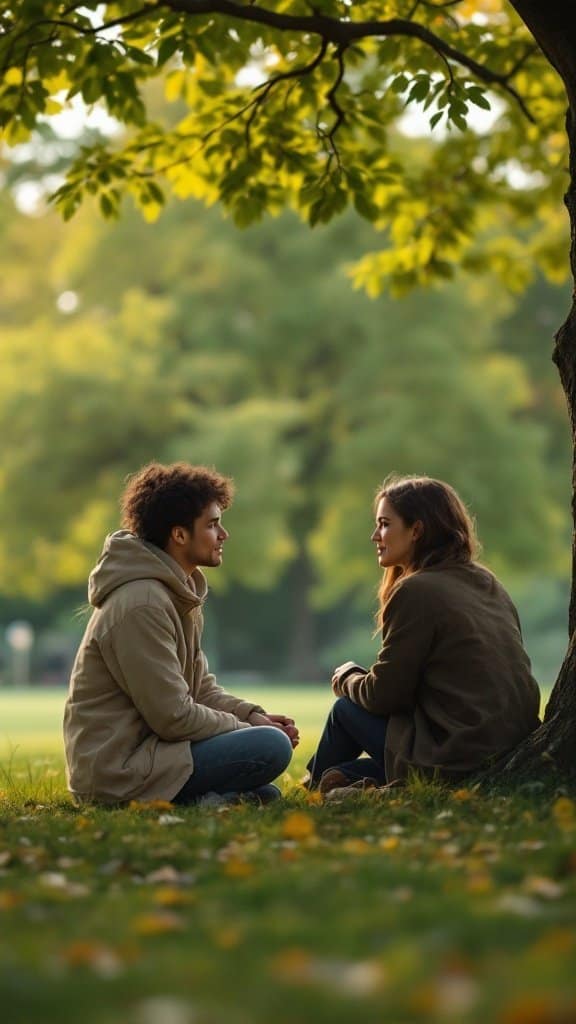 Two friends sitting on the grass engaged in a deep conversation.