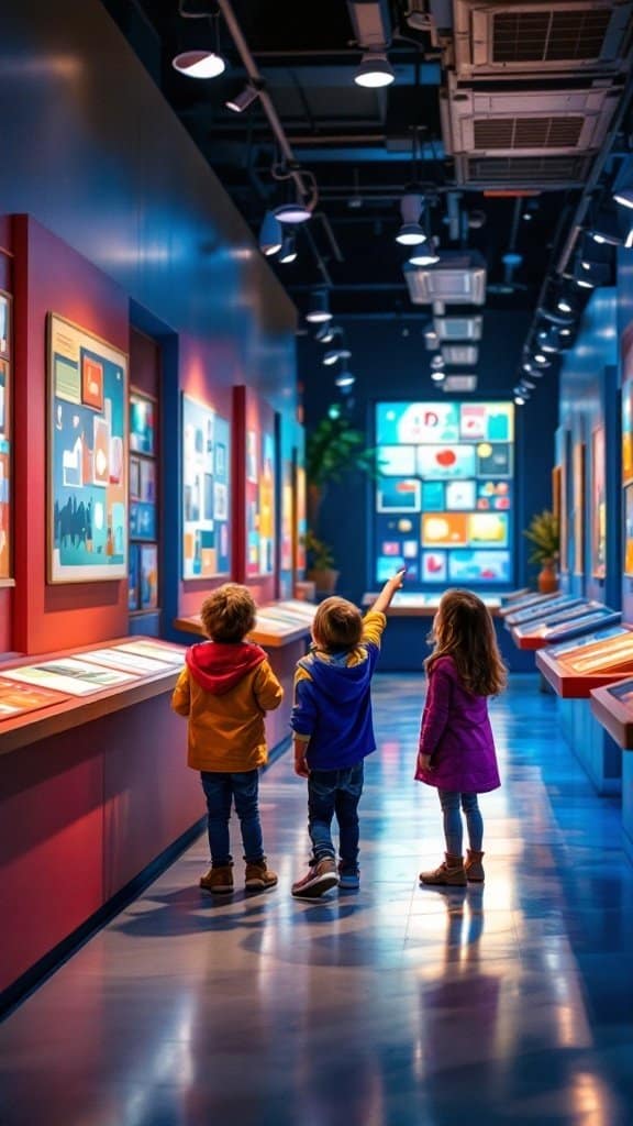 Three children in a museum looking at colorful displays