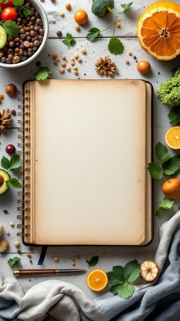 A blank food journal surrounded by various fruits and vegetables, symbolizing healthy eating.