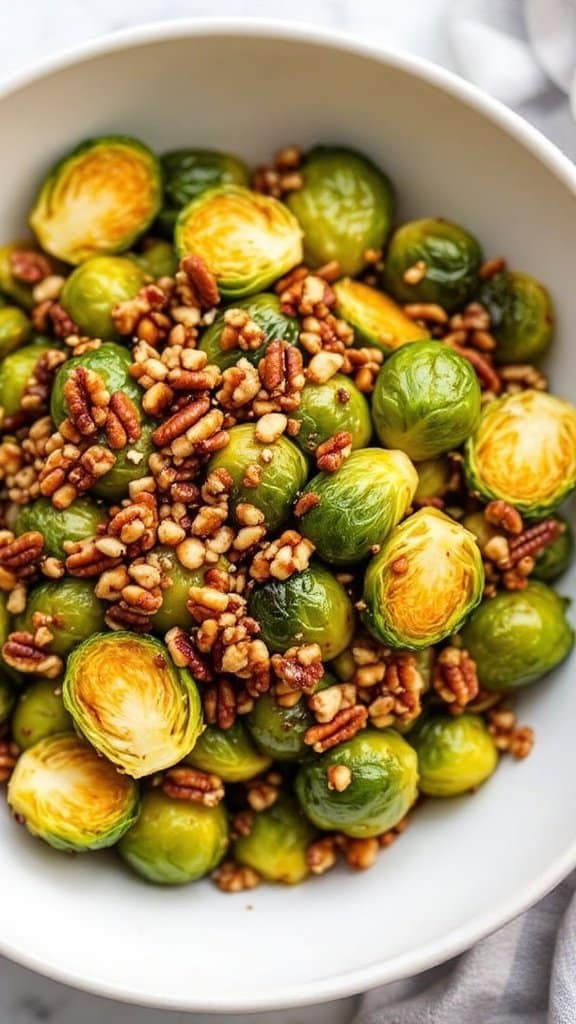 A bowl of roasted Brussels sprouts with pecans and maple glaze.