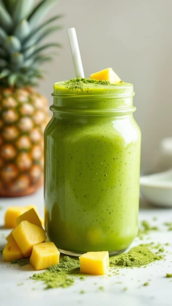 A green smoothie in a jar with matcha powder on top, surrounded by pineapple and mango chunks.