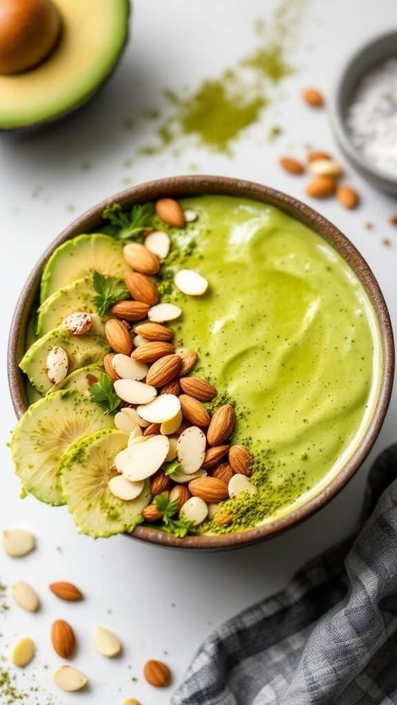 A vibrant green Matcha Avocado Smoothie topped with sliced almonds, lime, and matcha powder