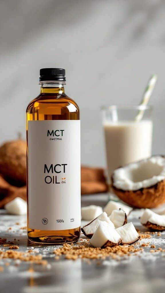 A bottle of MCT oil surrounded by coconut pieces and a glass of milk.