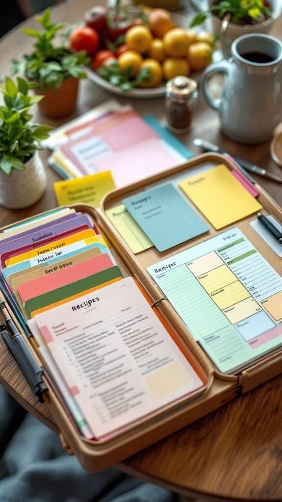 A colorful meal-prep recipe organizer with neatly arranged recipe cards, surrounded by fresh ingredients and a coffee cup.