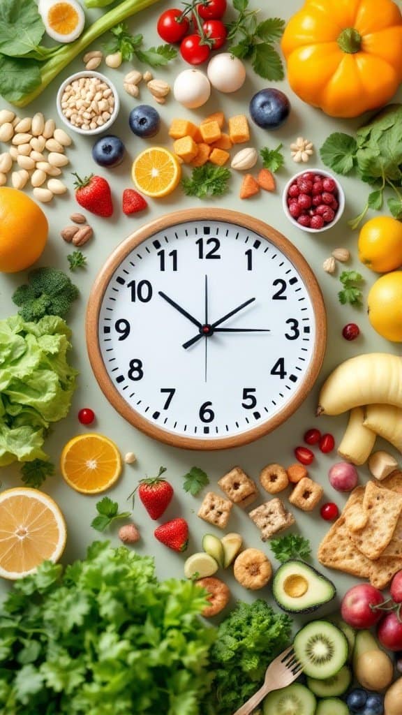 A clock surrounded by various fruits, vegetables, and nuts, emphasizing meal timing and frequency strategies.