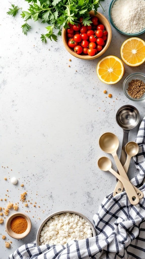 A measuring cups and spoons set displayed with fresh ingredients, including tomatoes, parsley, oranges, flour, and spices.