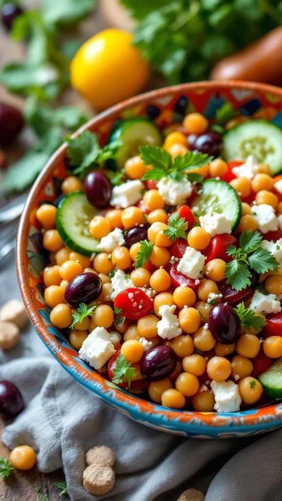A vibrant Mediterranean Chickpea Salad in a colorful bowl with chickpeas, cucumbers, olives, and feta.