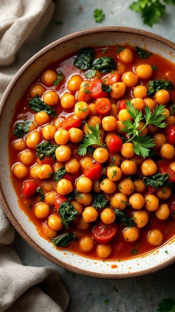 A bowl of Mediterranean Chickpea Stew with chickpeas, spinach, and tomatoes garnished with parsley.