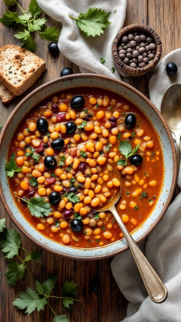 A bowl of Mediterranean Lentil Soup with lentils, beans, and olives garnished with cilantro.