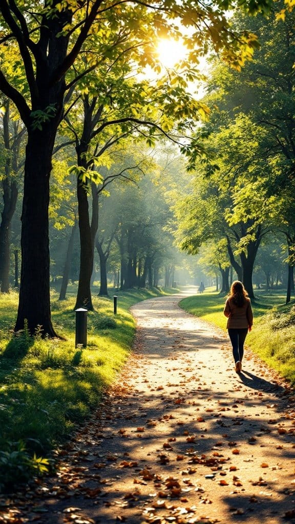 A person walking on a tree-lined path in a park with sunlight filtering through the leaves.