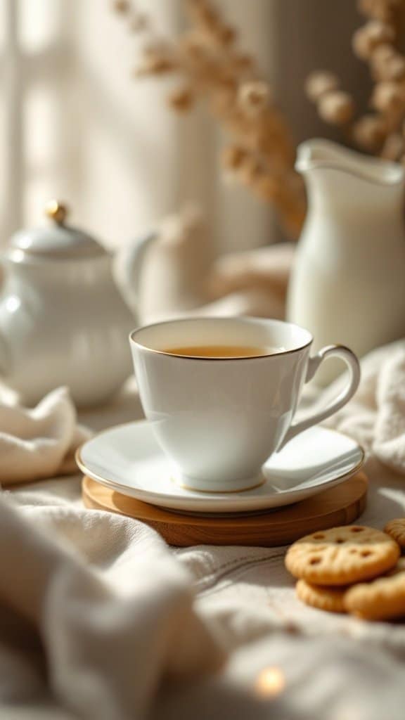 A cup of Milk Oolong tea on a saucer, with a teapot and creamer in the background, alongside some cookies.