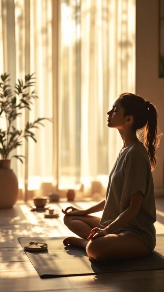 Person practicing mindful breathing exercises in a sunlit room