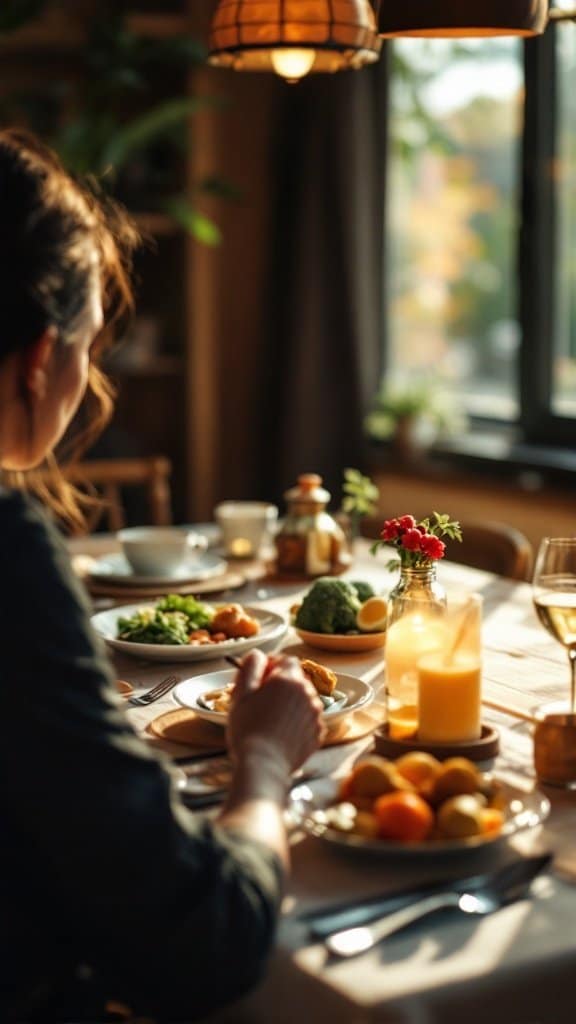 A person enjoying a healthy meal with fresh vegetables, fruits, and a drink in a cozy setting