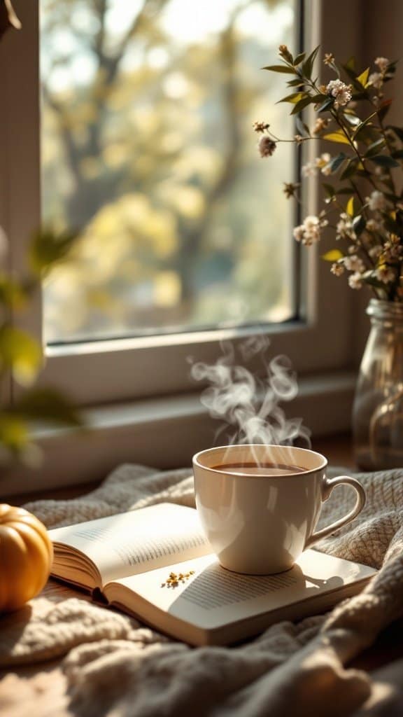 A cozy morning scene with a steaming cup of coffee beside an open book, set by a window with soft natural light.