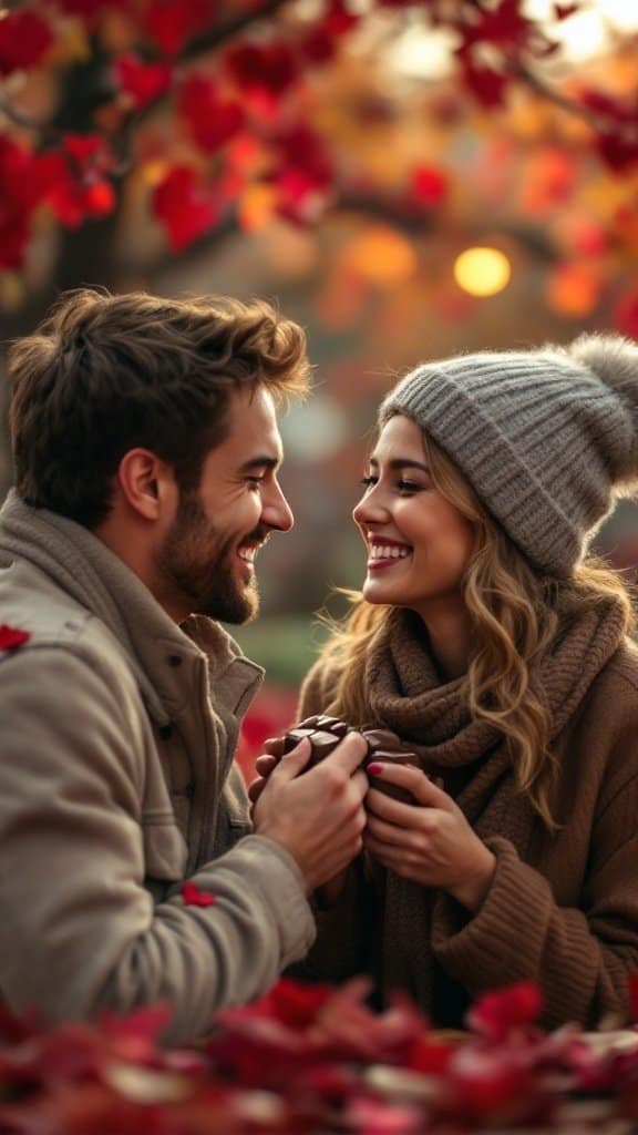 A couple smiling at each other while holding a box of chocolates in an autumn setting.
