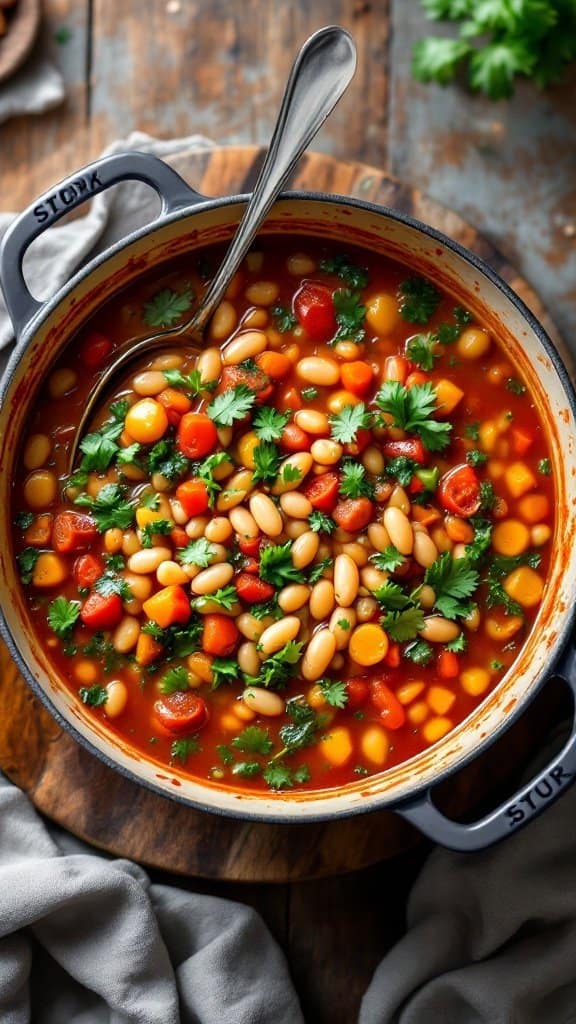 A pot of colorful minestrone soup with cannellini beans, garnished with fresh herbs