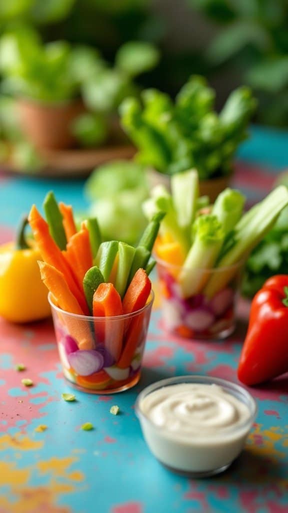 Mini veggie cups filled with carrot, celery, and bell pepper sticks alongside a small bowl of dip.