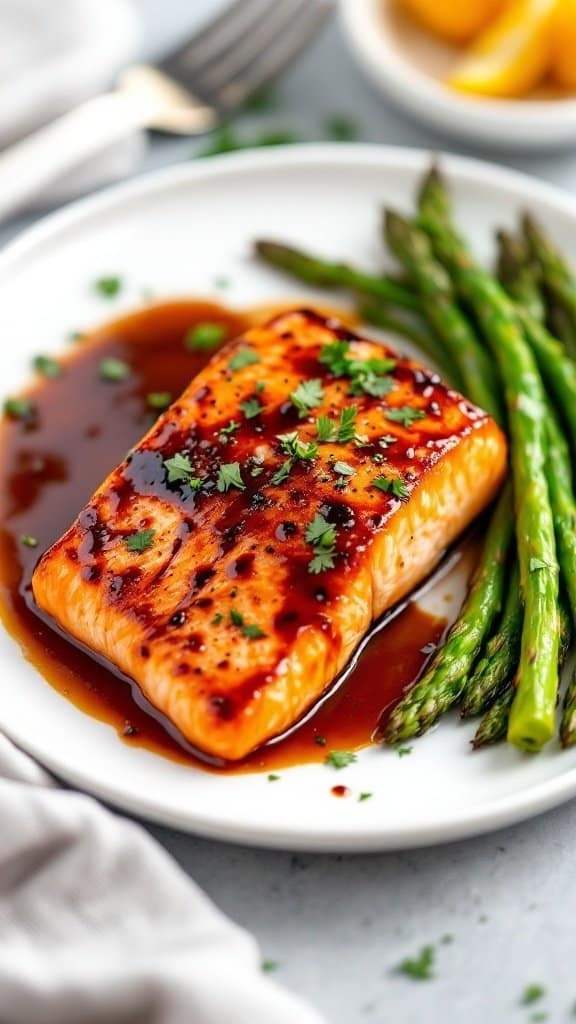 A plate of miso glazed salmon served with asparagus, garnished with herbs