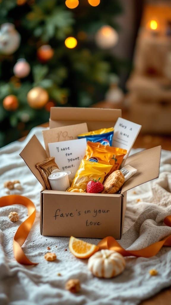 A beautifully arranged care package filled with snacks and a handwritten note, with festive decorations in the background.