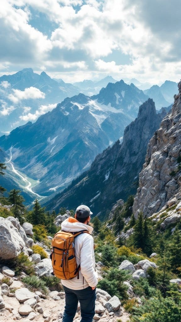 A person standing on a rocky mountain trail, overlooking a stunning landscape of mountains and valleys.
