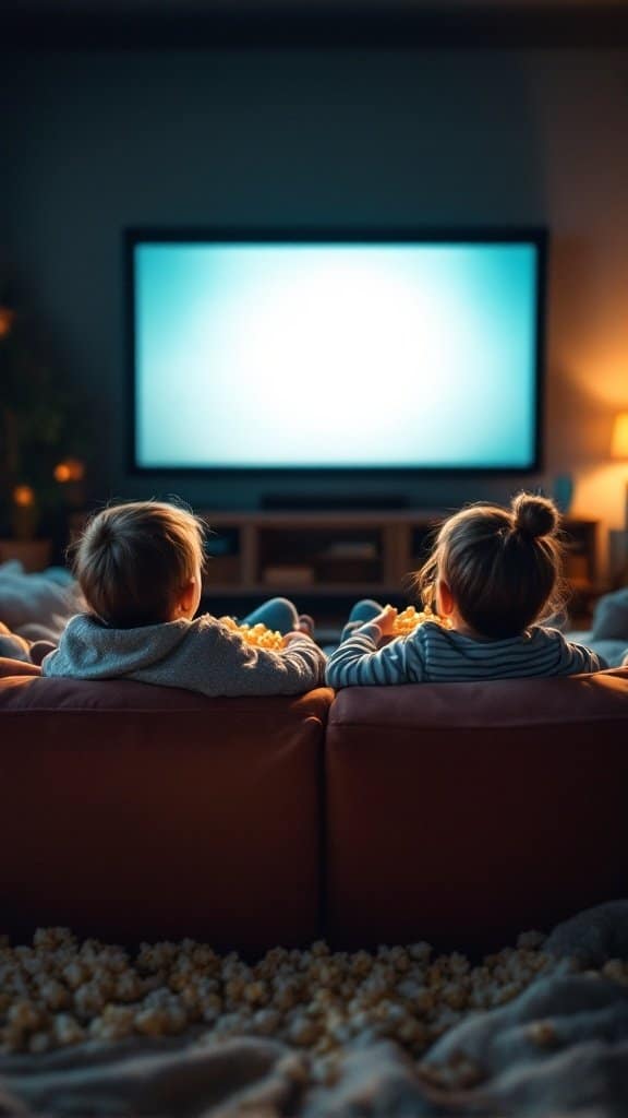 Two children sitting on a couch watching a movie with popcorn in a cozy living room