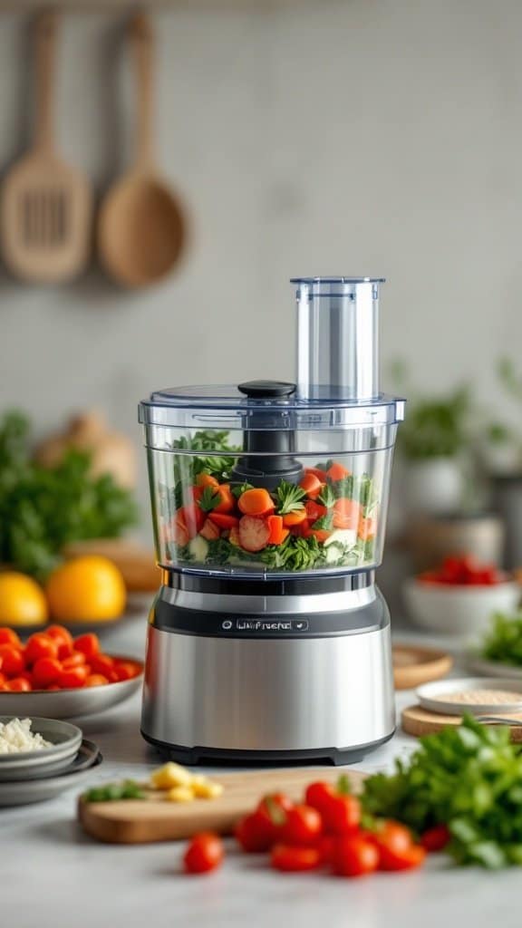 A multi-functional food processor filled with fresh vegetables on a kitchen counter