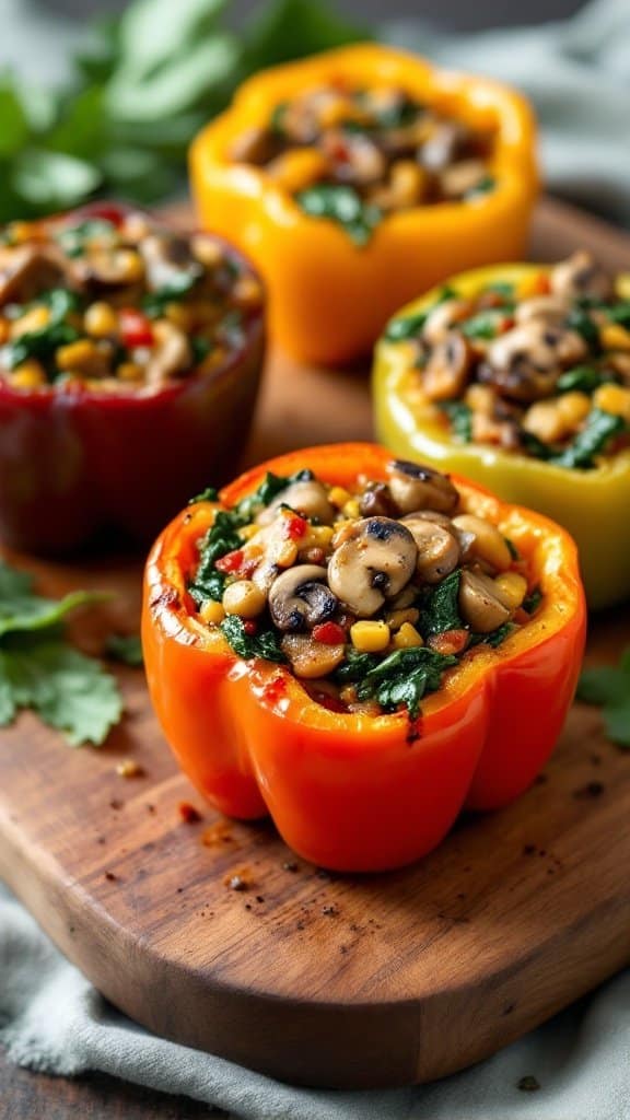 Mushroom and spinach stuffed peppers on a wooden board.