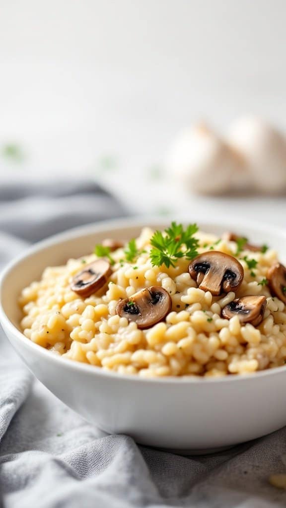 A creamy bowl of mushroom risotto topped with sliced mushrooms and fresh parsley.