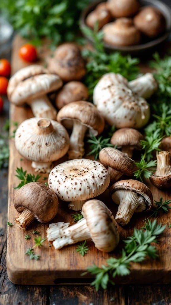 A variety of fresh mushrooms displayed on a wooden cutting board, surrounded by herbs and cherry tomatoes.