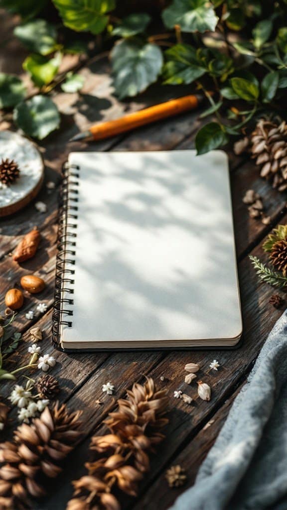 A blank notebook surrounded by natural elements like leaves, pinecones, and flowers on a wooden surface.