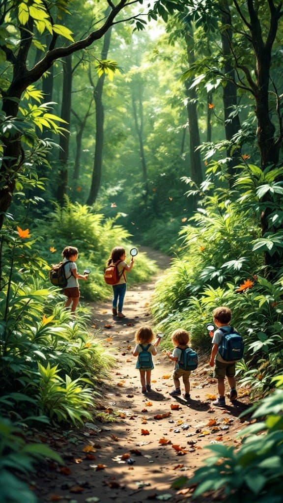 A group of children exploring a green forest path with backpacks, looking curious and excited.