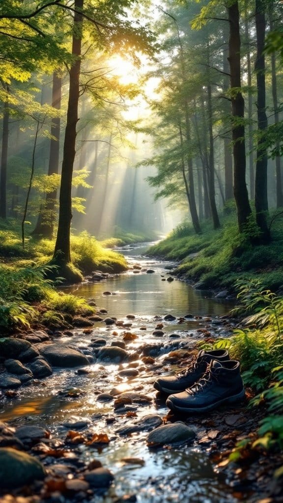 A peaceful forest scene with sunlight shining through trees and a pair of hiking boots beside a stream.