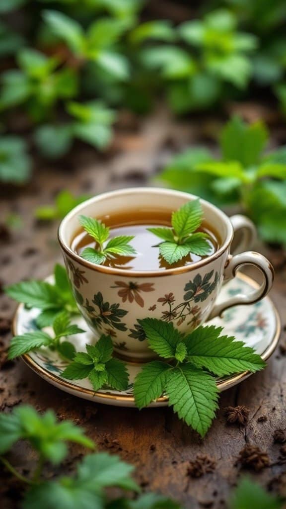 A cup of nettle tea with fresh nettle leaves, set on a wooden surface surrounded by greenery.