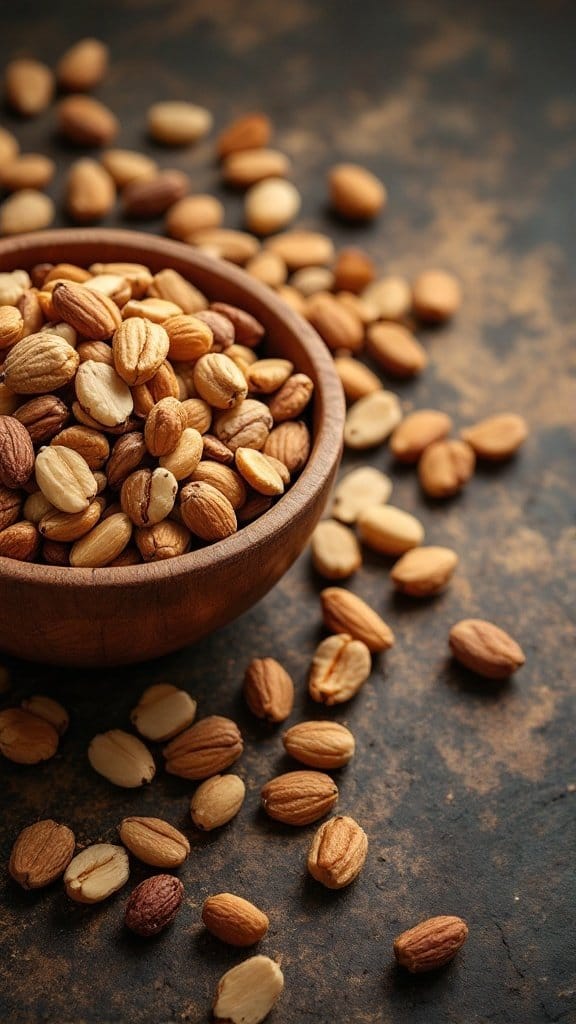 A wooden bowl filled with assorted nuts on a rustic surface
