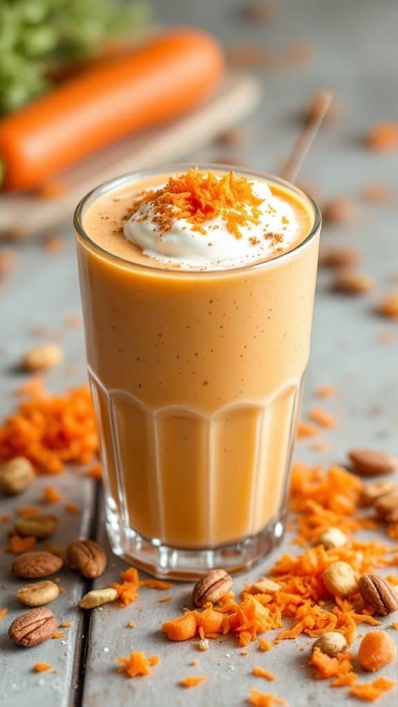 A creamy Nutty Carrot Cake Smoothie topped with whipped cream and shredded carrot, surrounded by scattered nuts and carrot shavings.