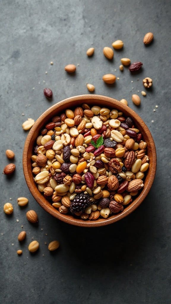A wooden bowl filled with a colorful mix of nuts, seeds, and dried fruits on a dark surface.