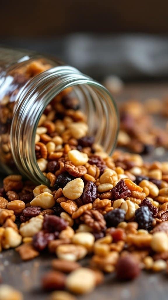A jar spilling nutty trail mix with nuts and dried fruits.