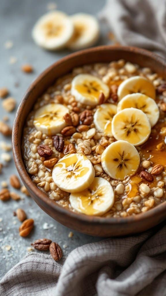 A bowl of oatmeal topped with banana slices, pecans, and honey