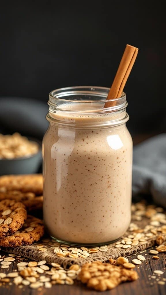 A jar of oatmeal cookie smoothie with a cinnamon stick, surrounded by oats and cookies.