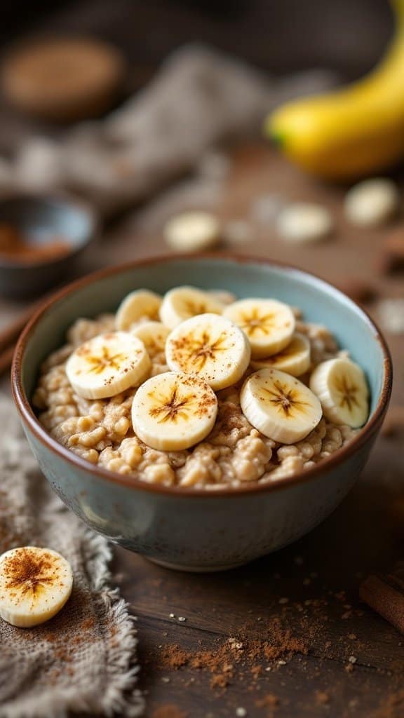 A bowl of oatmeal topped with sliced banana and sprinkled with cinnamon